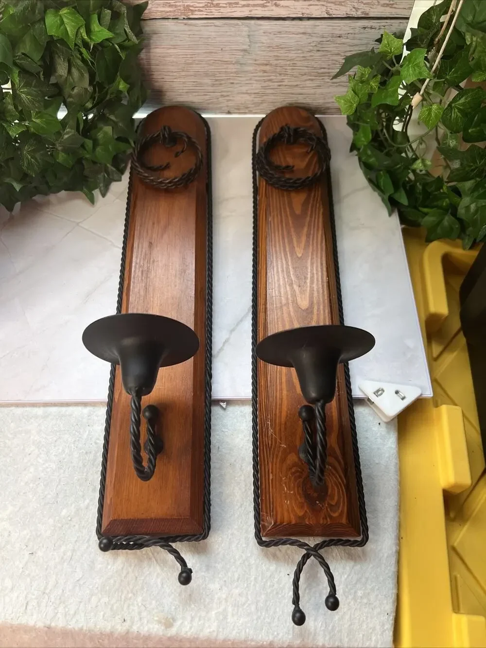 2 Wood Sconces Rustic Farmhouse Black Wrought Iron Twisted Iron Vintage